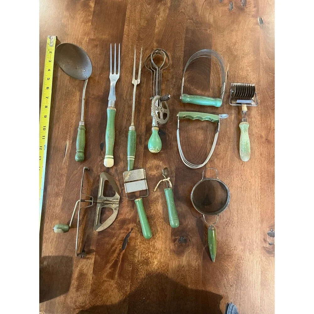 Antique Green Wood handle utensils: Depression era 1930s Lot of 11